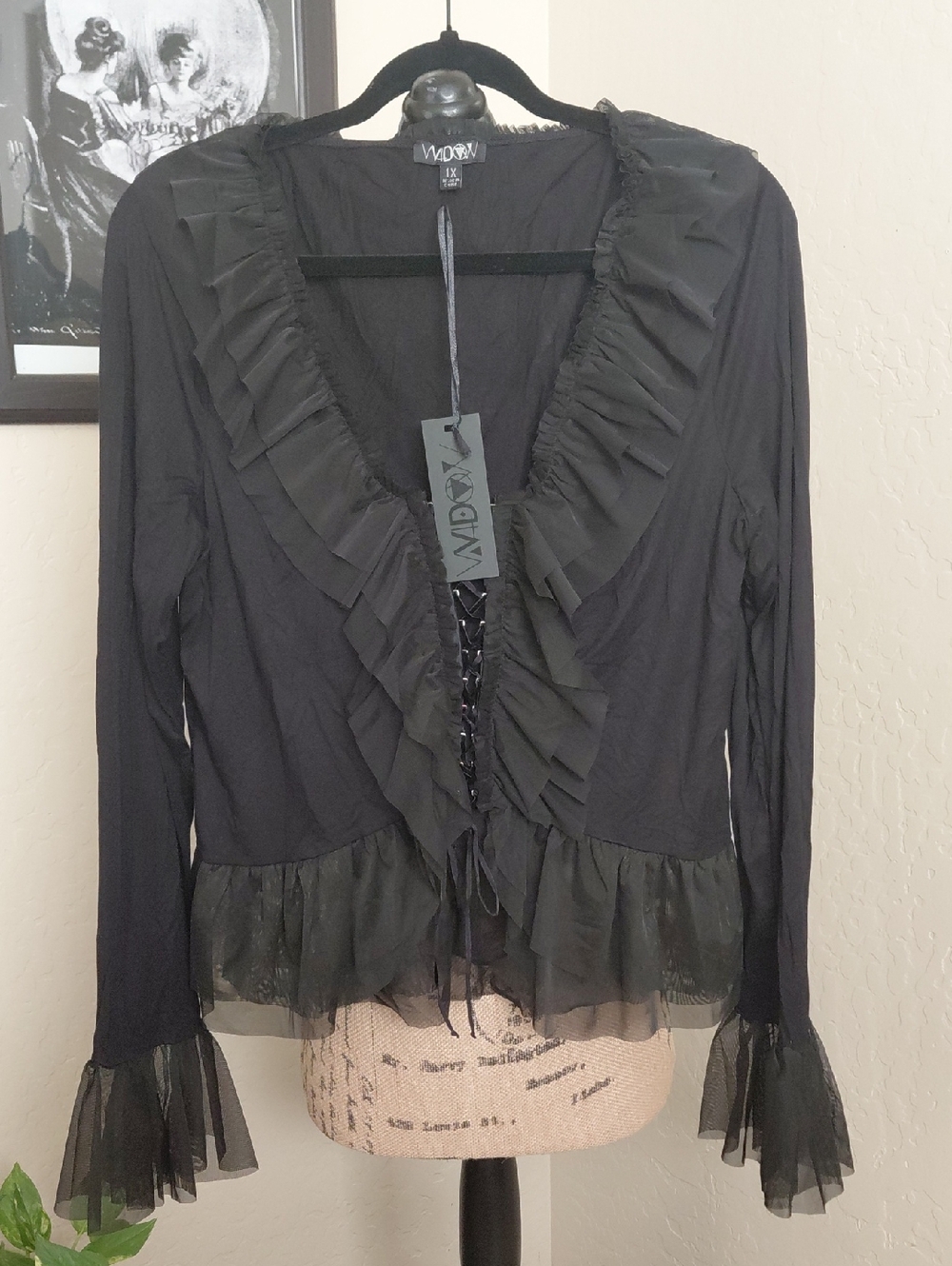 DOLLSKILL WIDOW 1X LONG SLEEVE Black Ruffled Lace-Up Sheer Trim Blouse